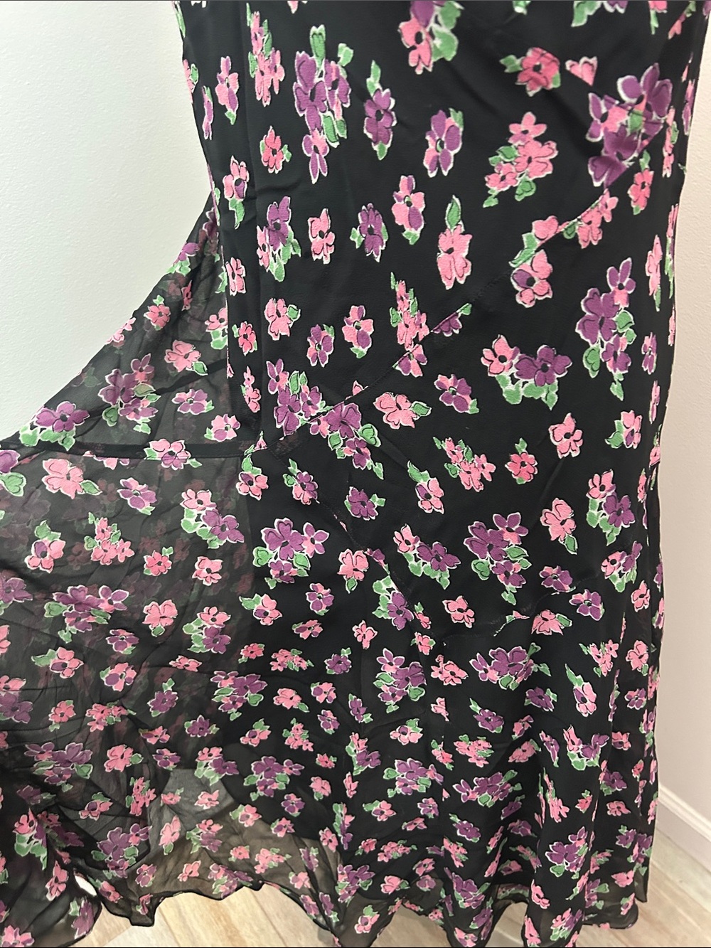 VTG Silk Chiffon Midi Dress with Pink & Green Floral Print bias-cut 16W - Picture 10 of 16